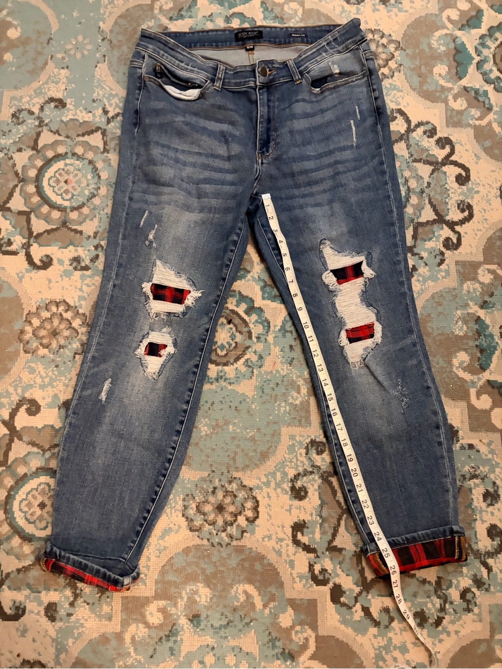 Judy Blue Mid Wash Boyfriend Jeans with Red Plaid Inset